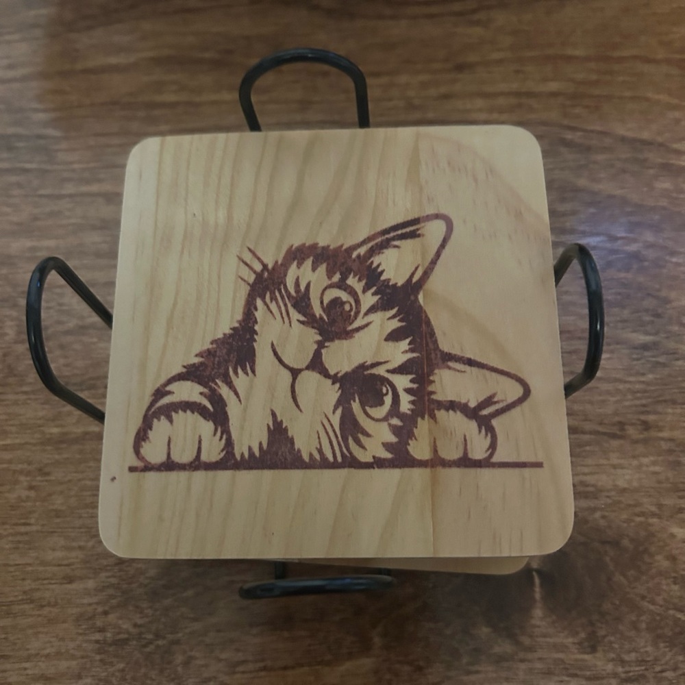 Cat-Themed Wooden Coasters Set